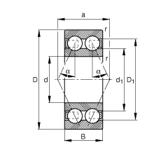 角接觸球軸承 3809-B-TVH, 雙列，接觸角 α = 25°