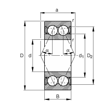 角接觸球軸承 3809-B-2RSR-TVH, 雙列，雙側(cè)唇密封，接觸角 α = 25°