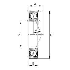 主軸軸承 B7015-E-2RSD-T-P4S, 調(diào)節(jié)，成對安裝，接觸角 α = 25°，兩側(cè)唇密封，非接觸，限制公差